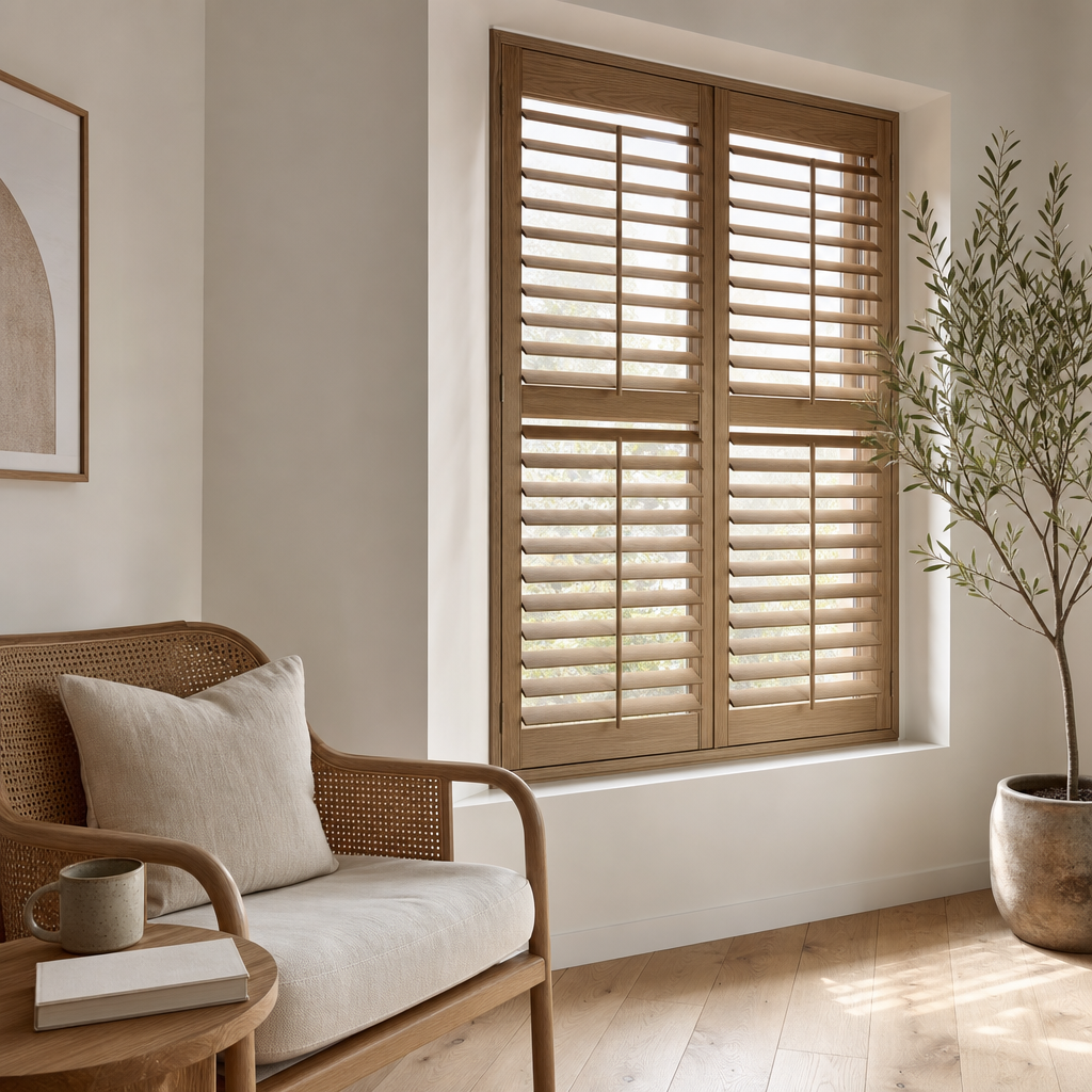 Driftwood plantation shutters