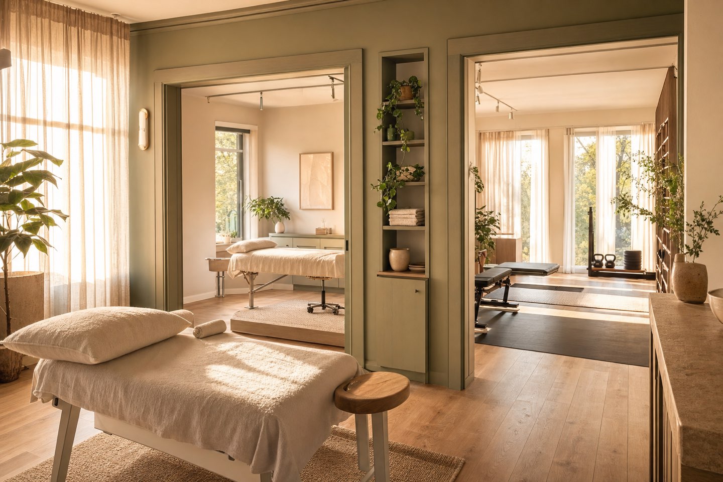 The sunlit Marram studio — treatment rooms and rehab space