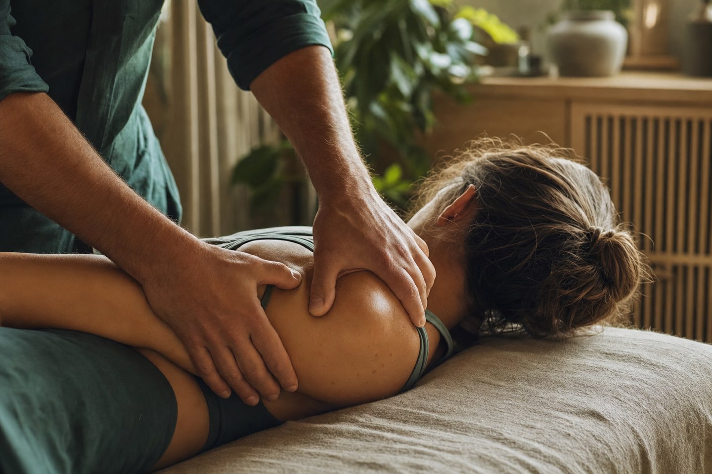 A physiotherapist treating a patient’s shoulder in a warm consultation room