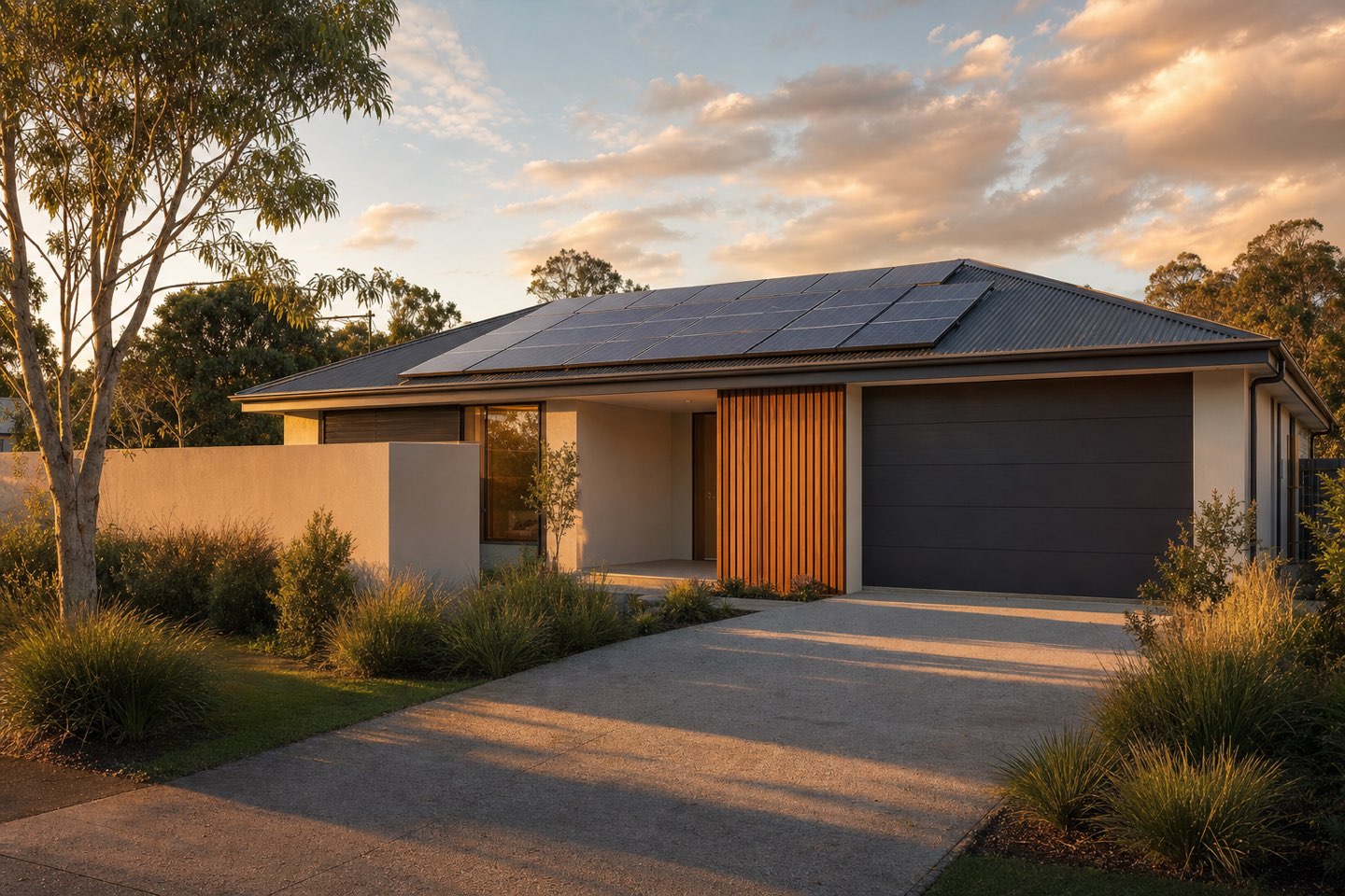 A contemporary Brisbane home with a full rooftop solar array at golden hour