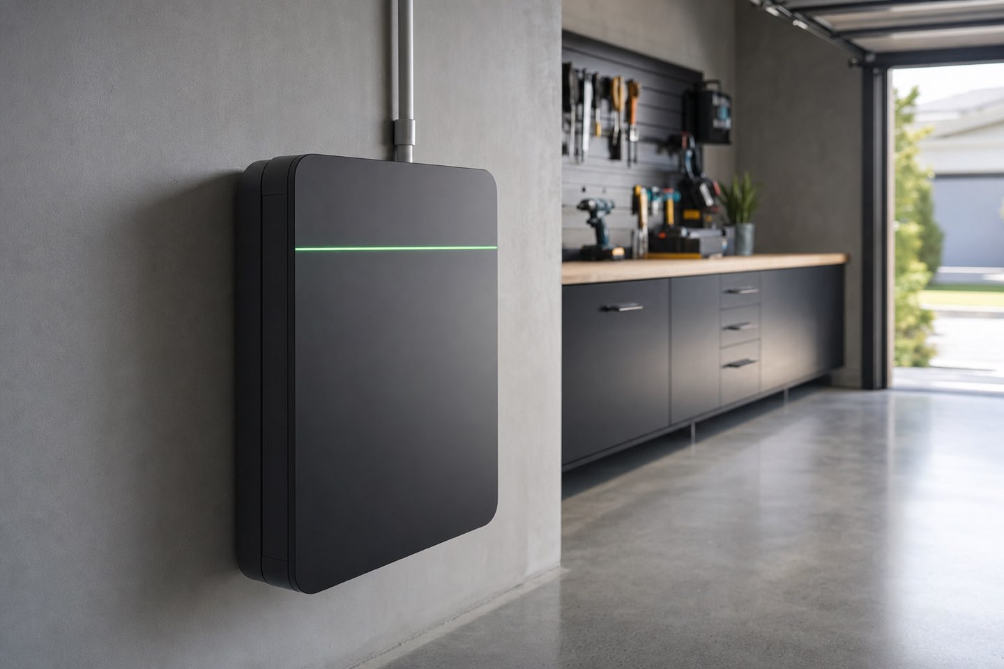 A wall-mounted home battery in a clean garage