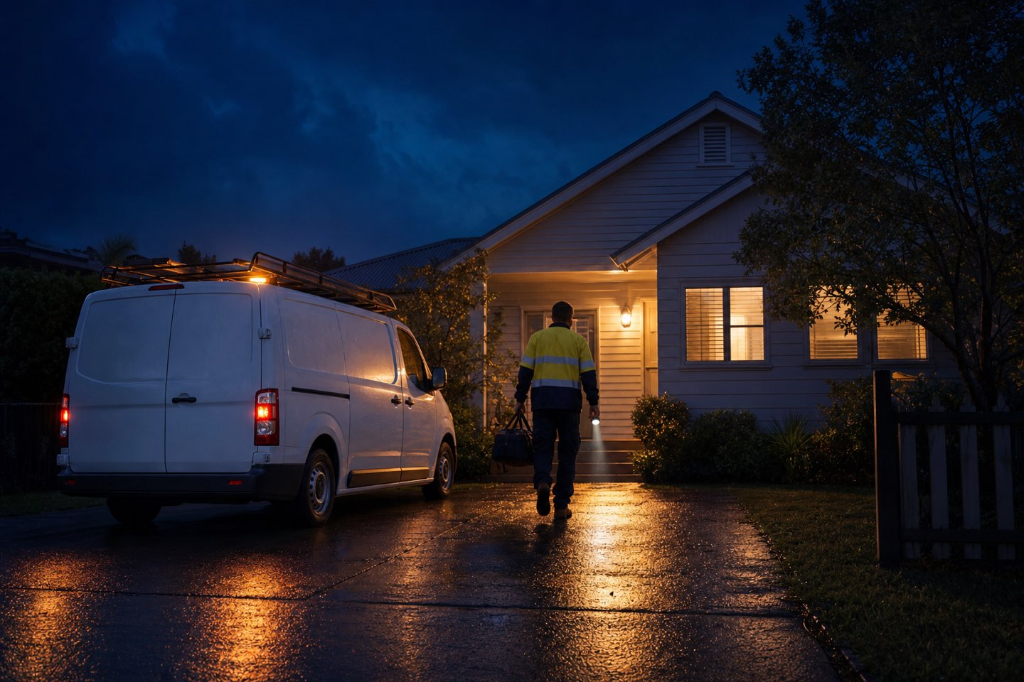 An emergency plumber arriving at a Melbourne home at night