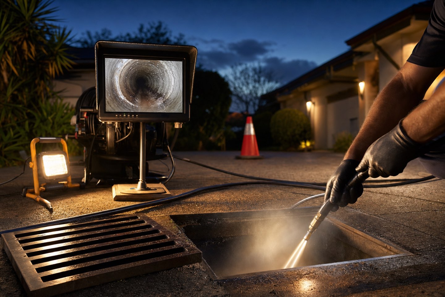 Jet-rodding a blocked stormwater drain with a CCTV camera monitor