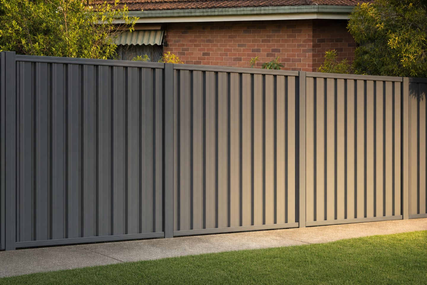 The same boundary after a new woodland-grey steel fence