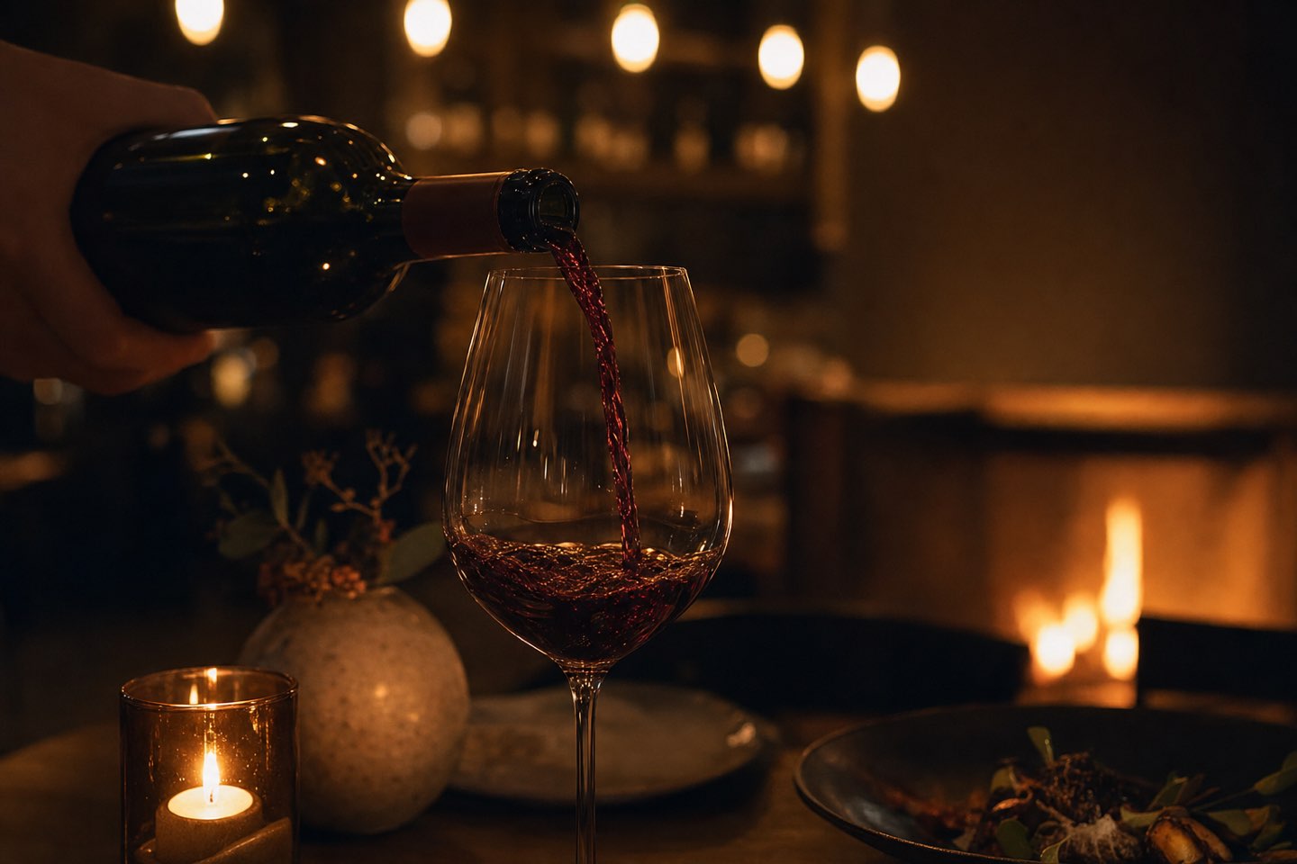 Red wine poured by candlelight