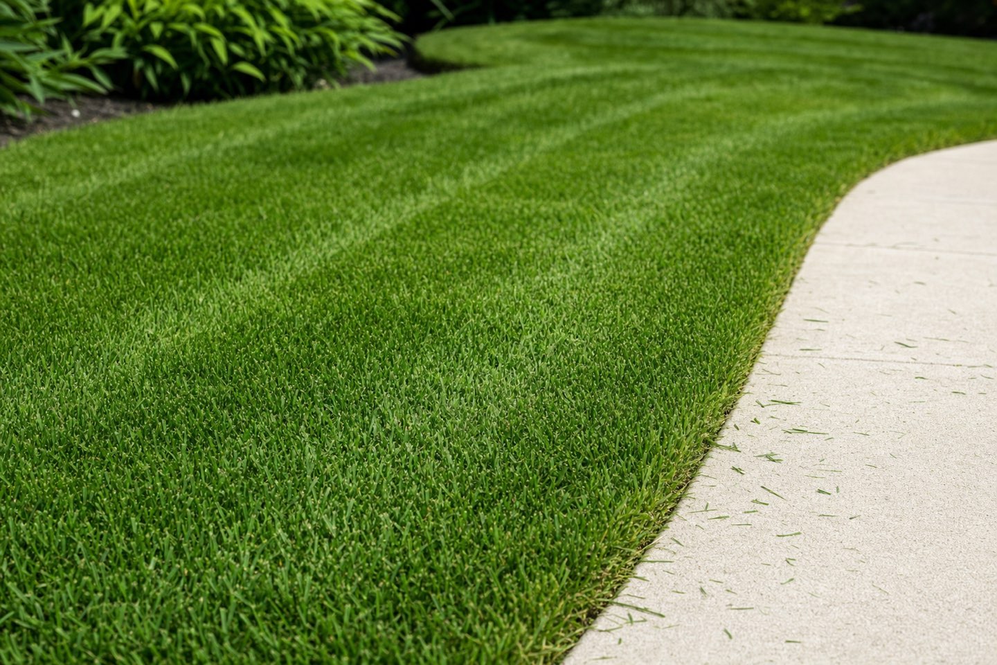 Freshly striped lawn with a crisp trimmed edge along a garden path