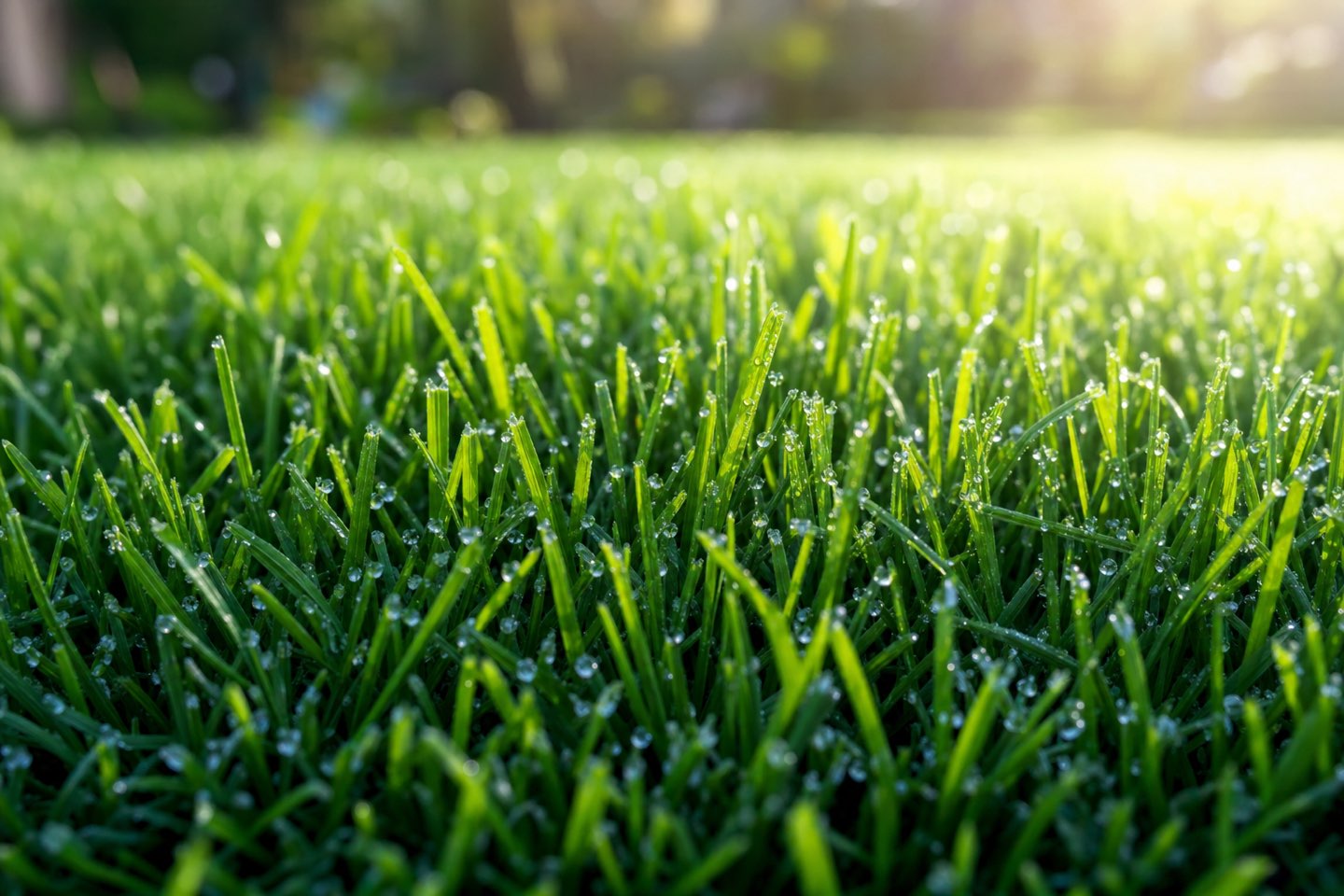 Deep green, healthy lawn in close detail with morning dew