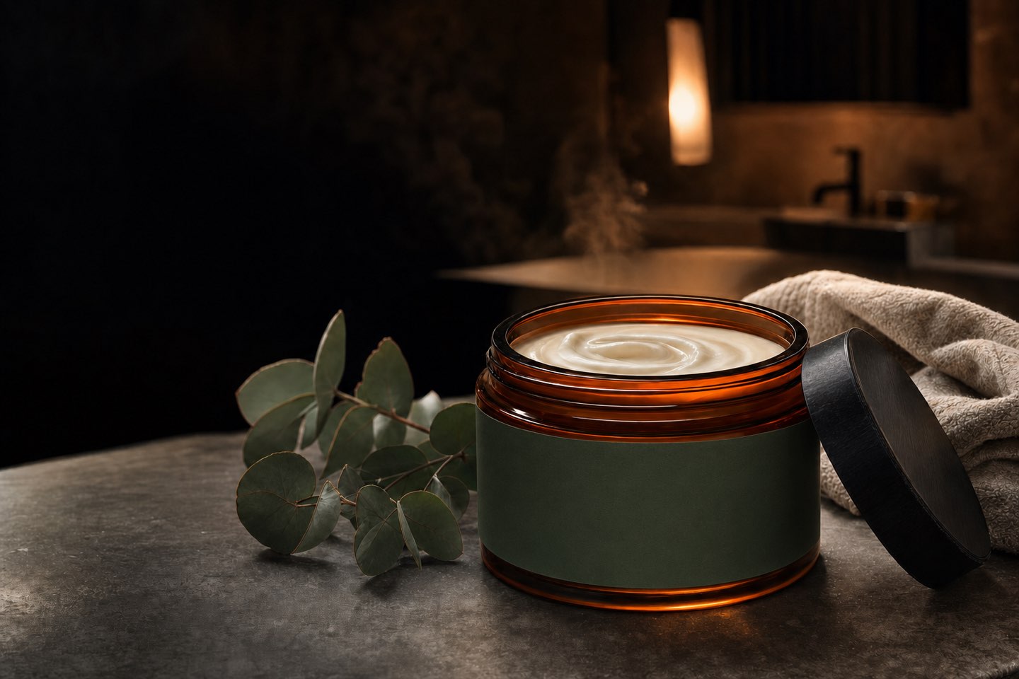 Recovery Body Balm jar glowing in warm lamplight on a stone bench at dusk