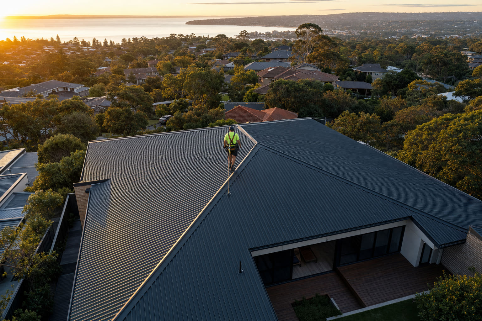 Drone view of a harnessed roofer walking the ridge of a new Colorbond roof at golden hour, coastal suburb behind