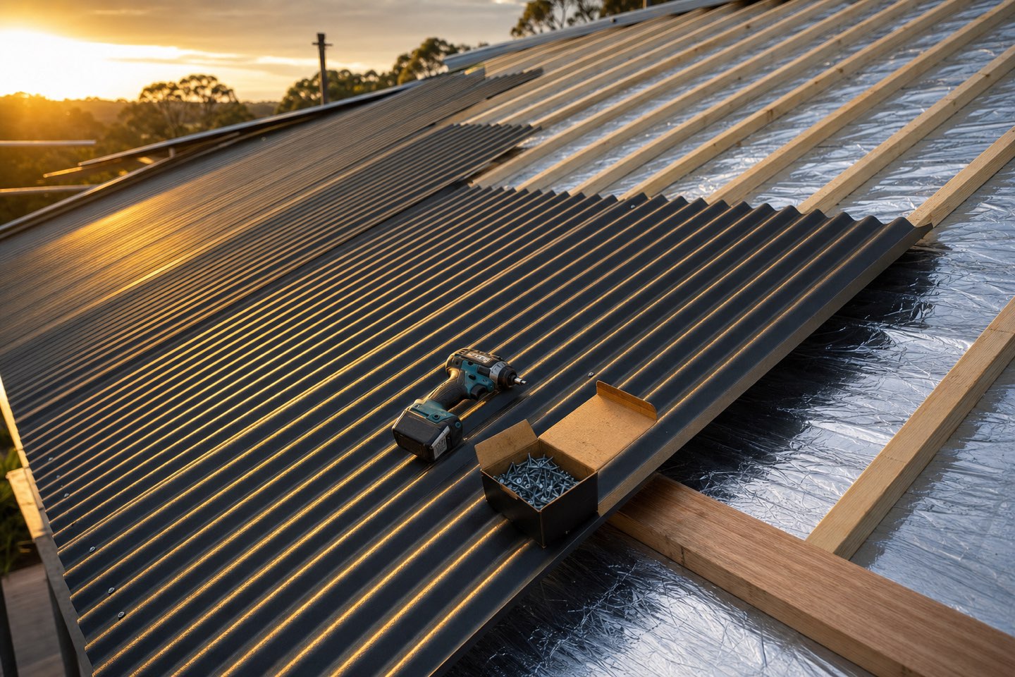 New charcoal Colorbond sheets being laid across fresh battens, corrugations in golden light