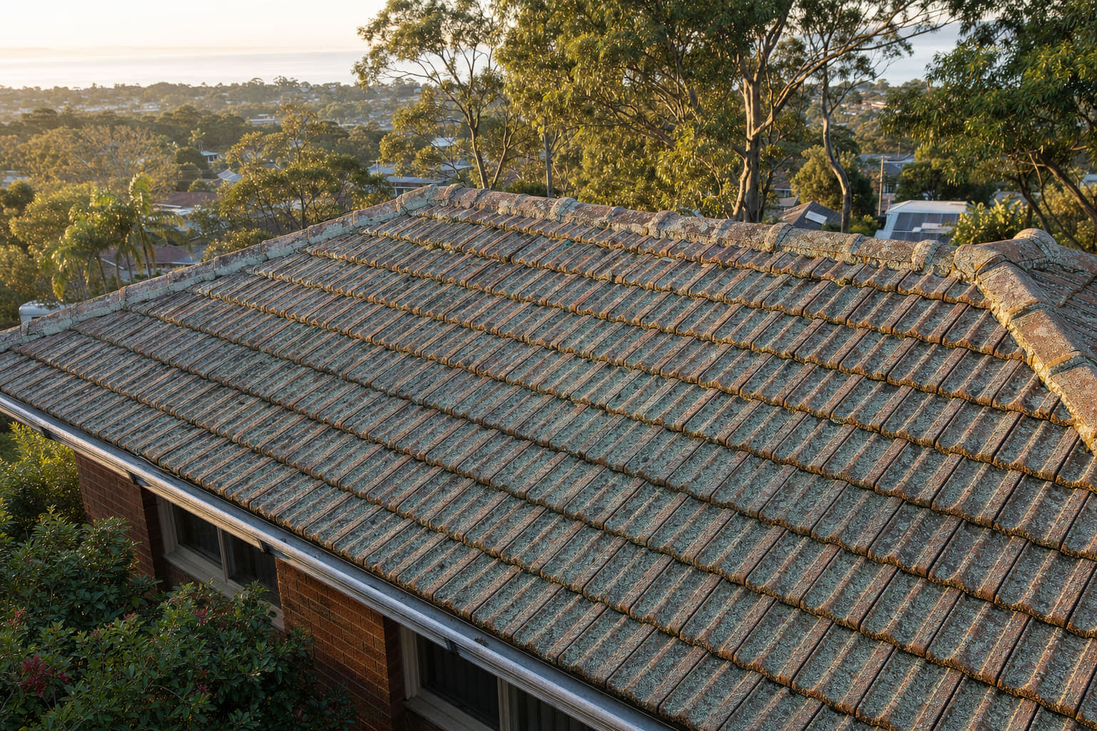 Aerial view down the plane of a tired concrete-tile roof — chalked, lichen-blotched tiles and fretting ridge capping