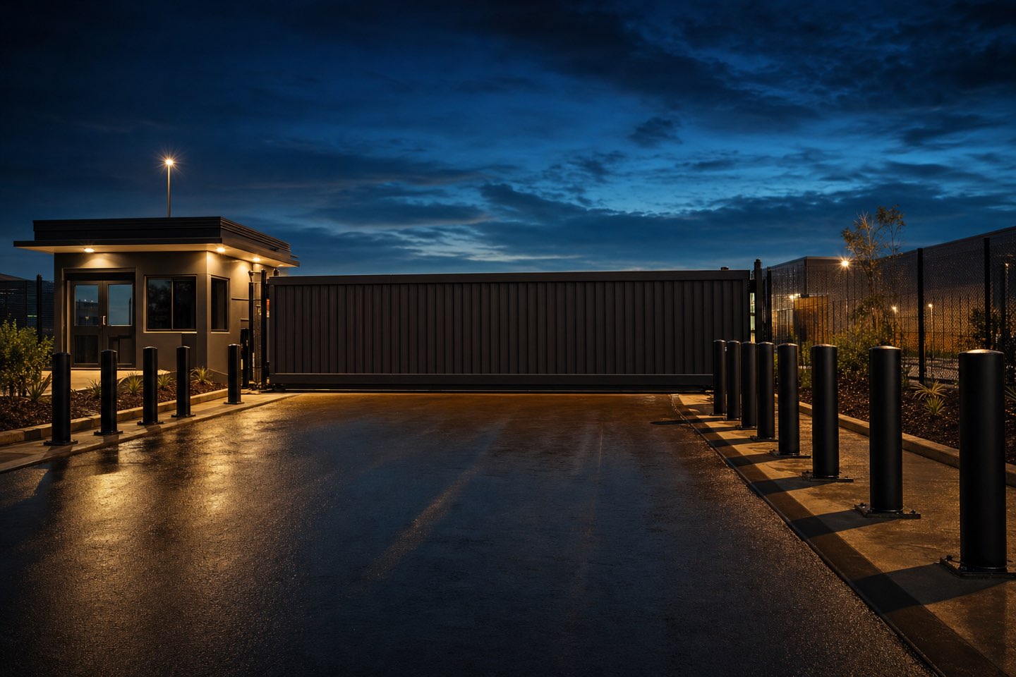 Crash-rated steel sliding gate with security bollards at a site entry at dusk