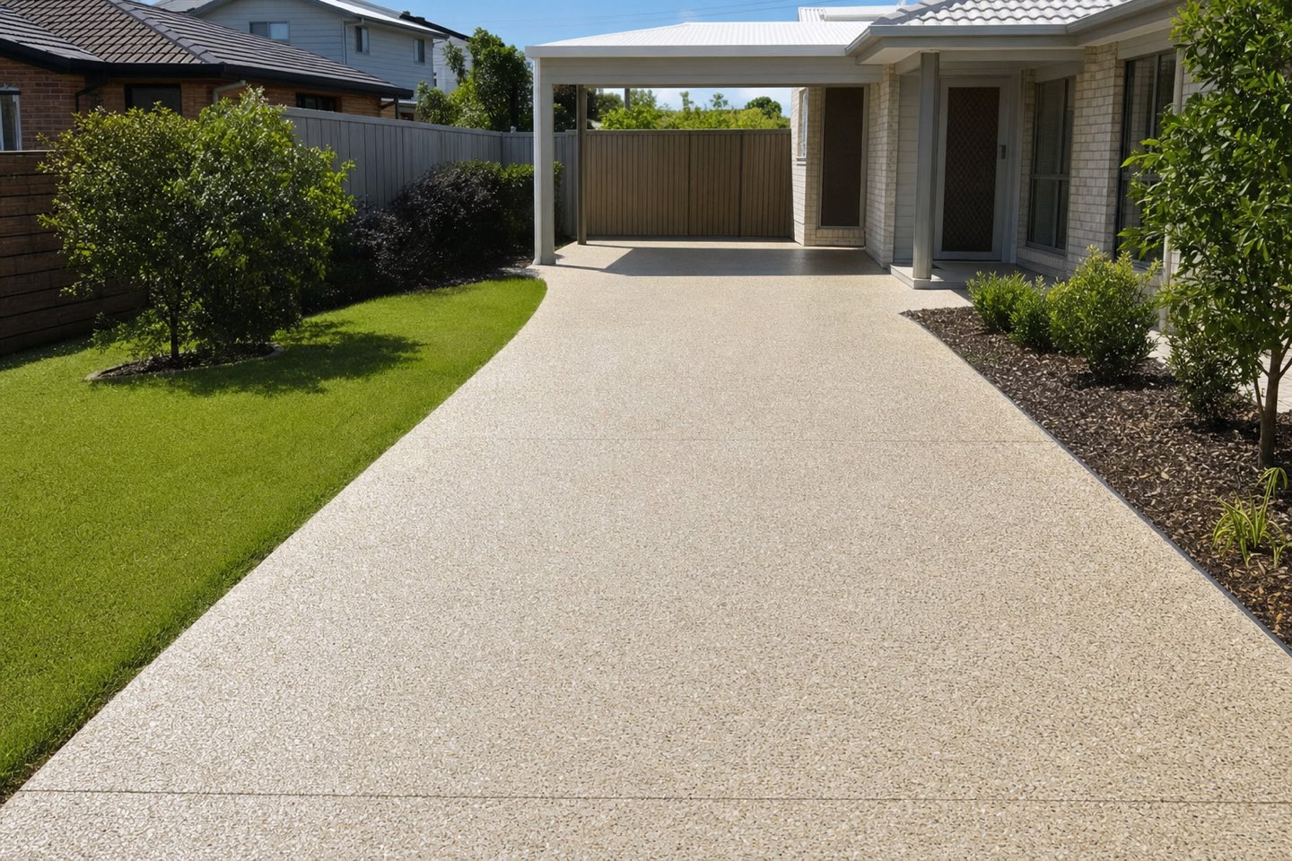 The same driveway uniformly pale and clean after pressure washing