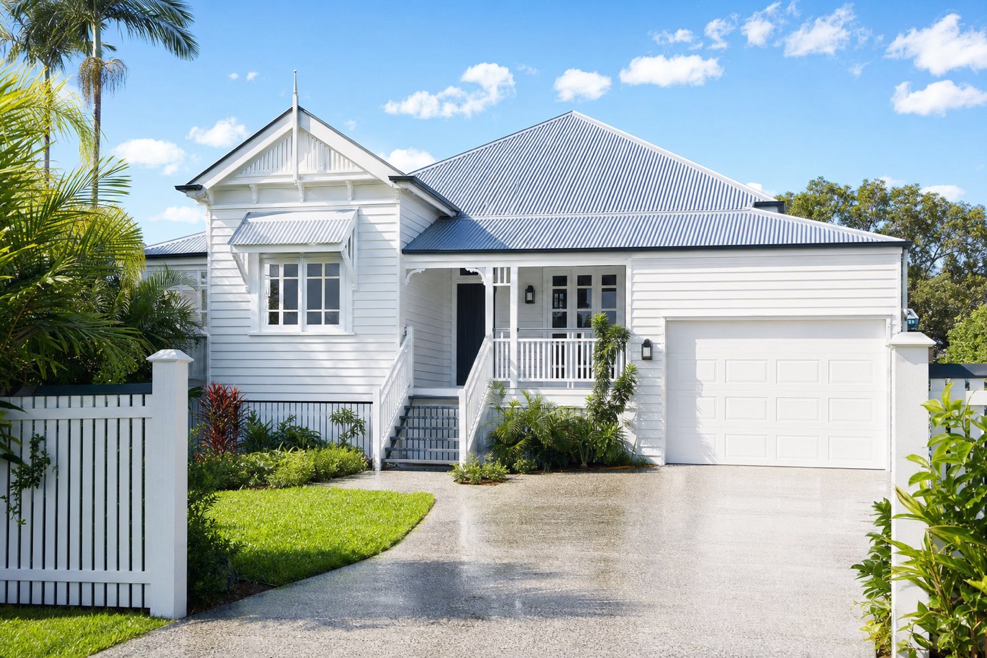 A freshly cleaned Queenslander home with a bright white facade and spotless driveway