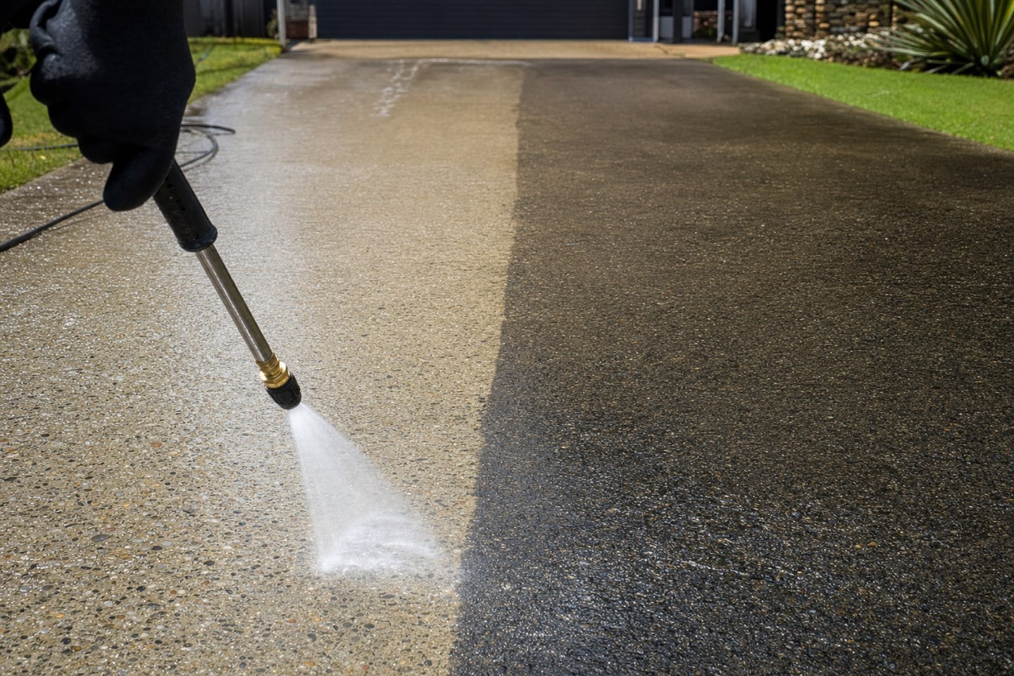 A driveway half-cleaned mid pressure wash, a bright clean strip cut through dark grime