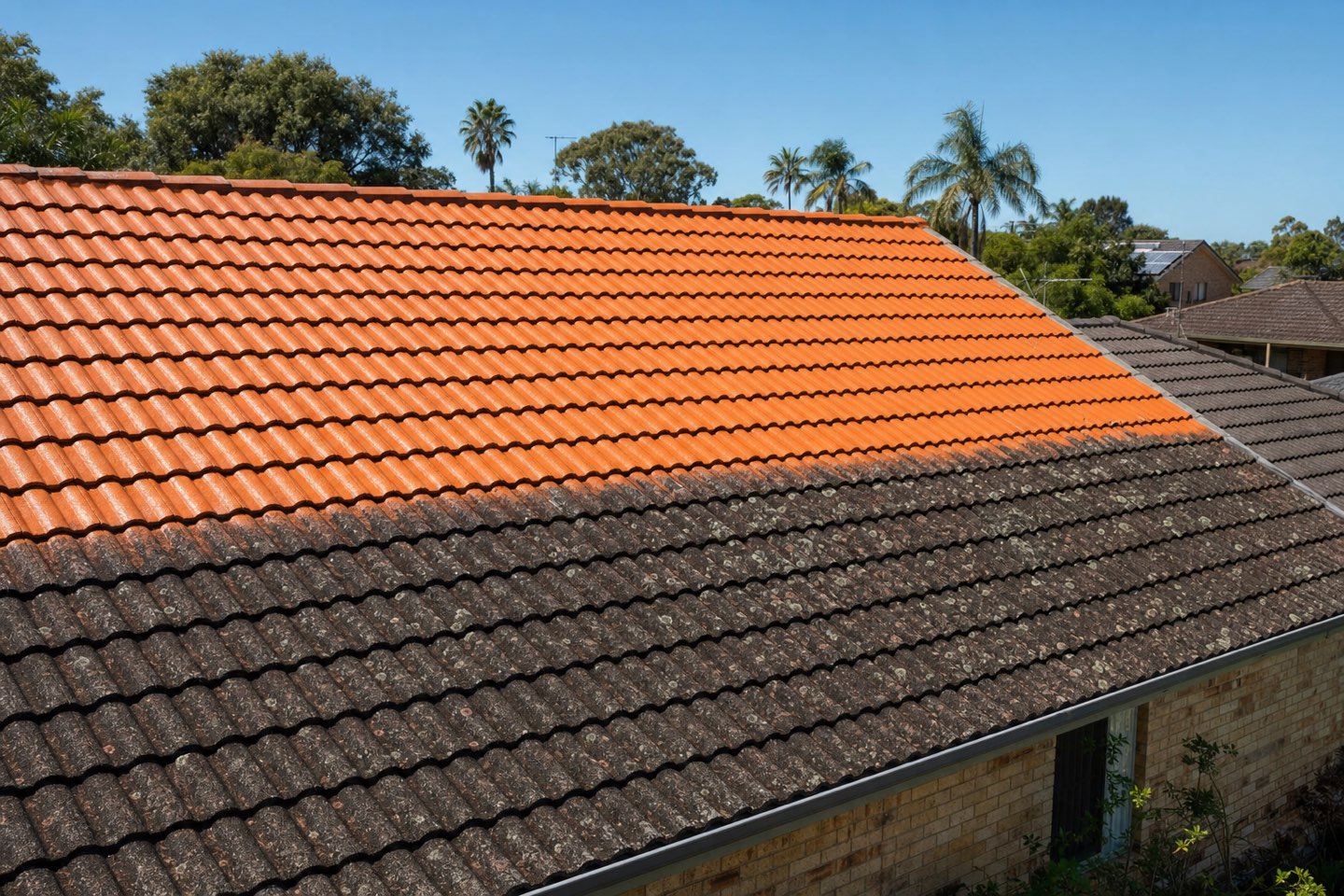 A Colorbond roof half-cleaned, one side dark with lichen and one side like new
