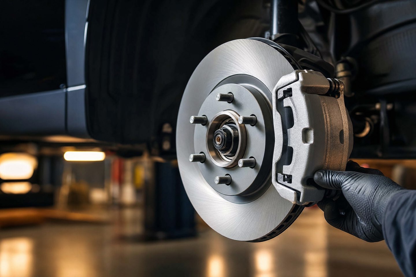 A new brake rotor and caliper being fitted