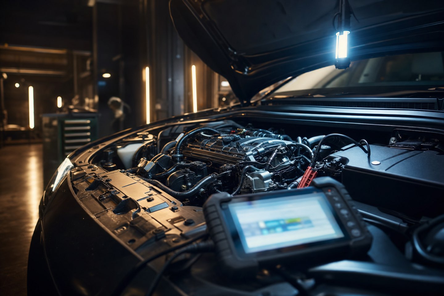 An engine bay under an inspection lamp with a scan tool connected